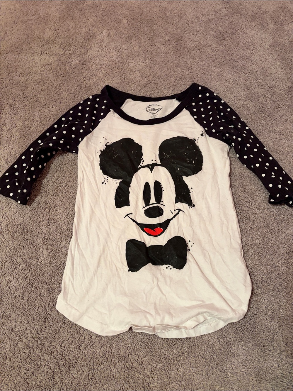 Disney White & Black Mickey Mouse Polka Dot Raglan Tee